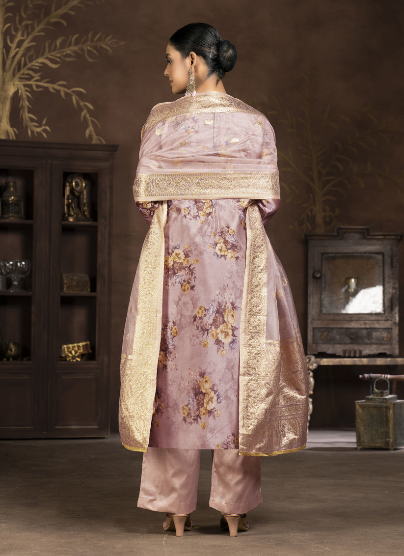 Pink Organza Printed Pakistani Suit