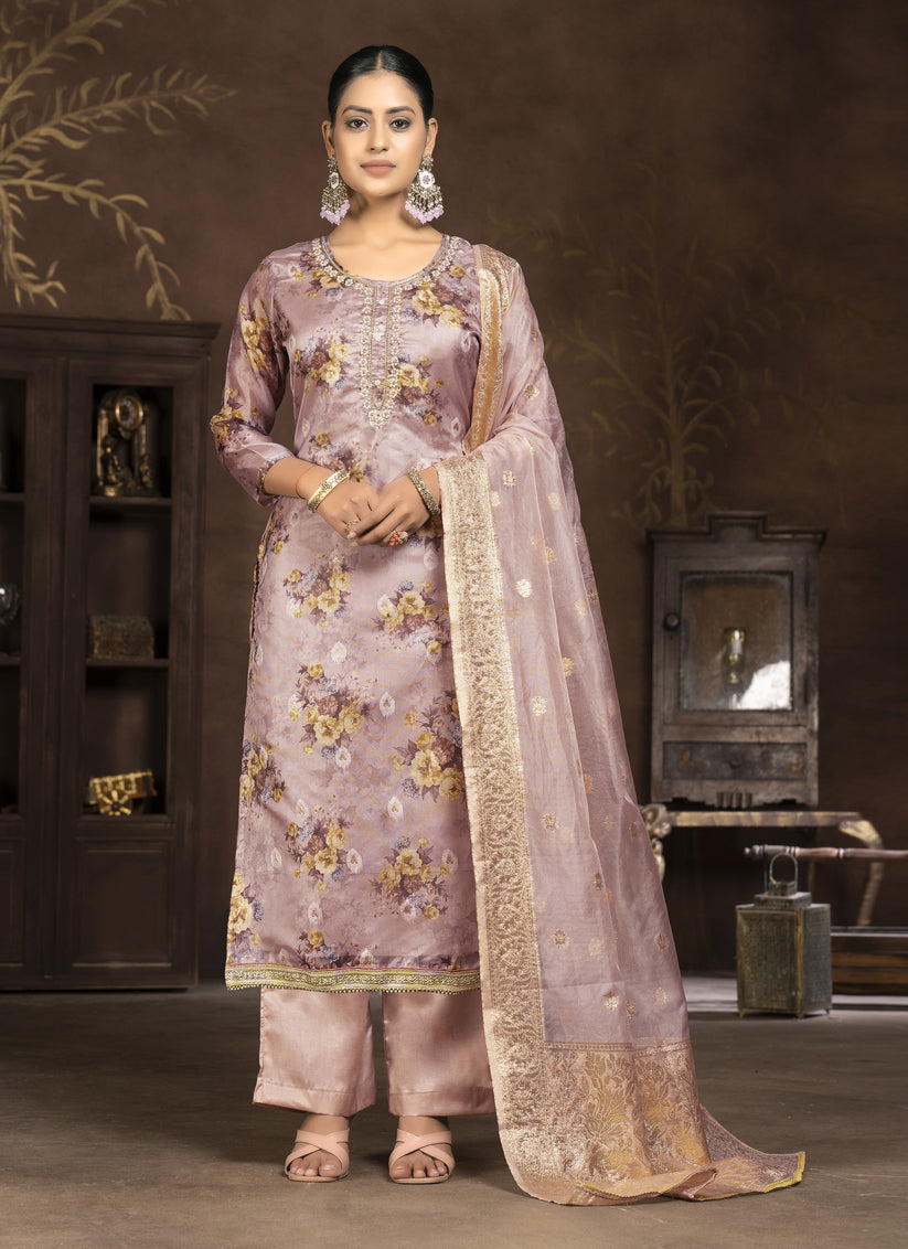 Pink Organza Printed Pakistani Suit