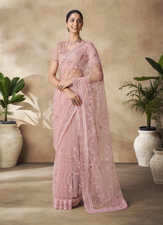 Coral Pink Net Embroidered Designer Wedding Saree