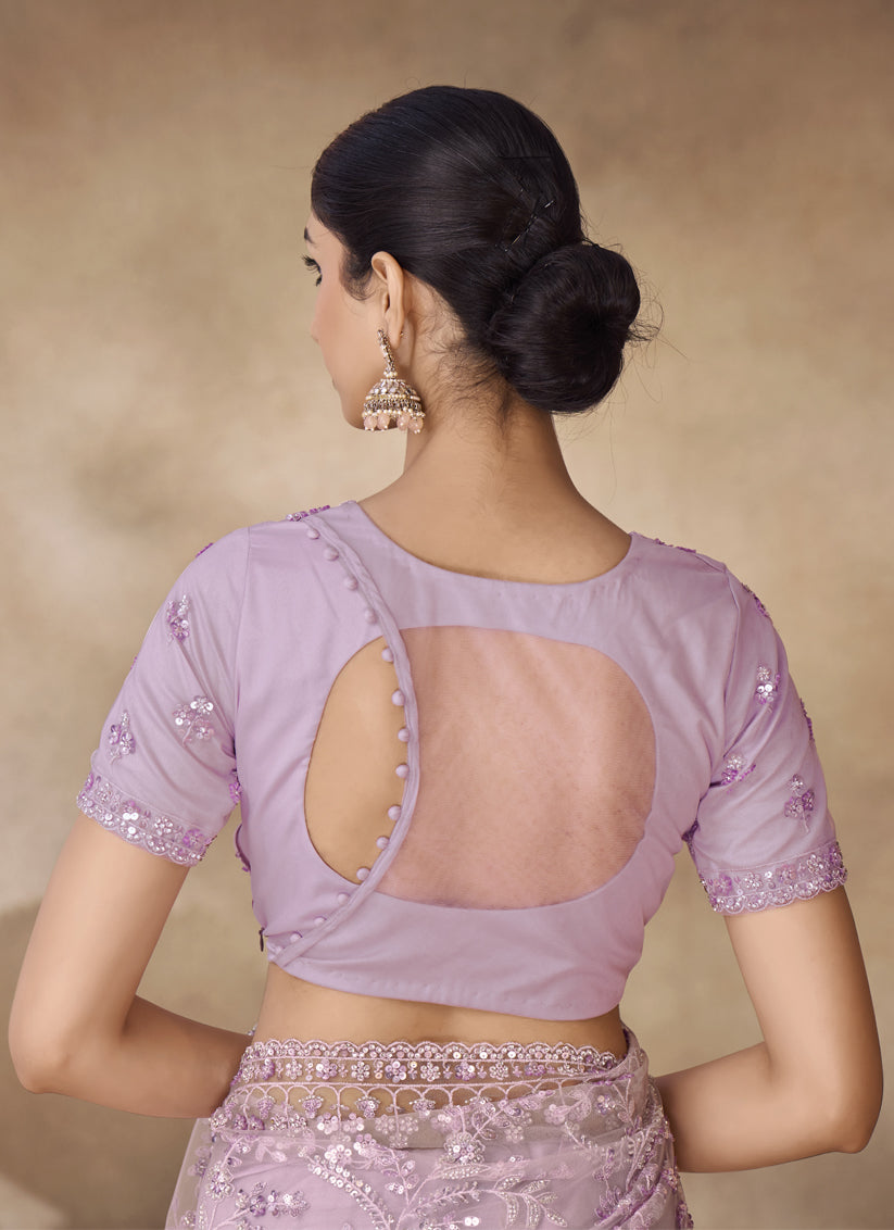 Lilac Net Embroidered Designer Wedding Saree