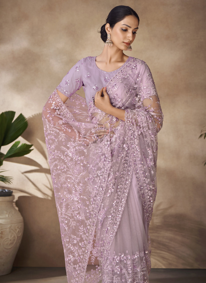 Lilac Net Embroidered Designer Wedding Saree