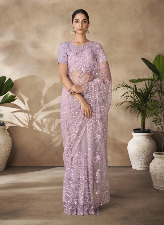 Lilac Net Embroidered Designer Wedding Saree