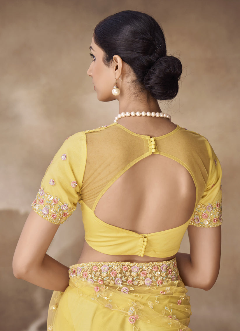 Lemon Yellow Net Embroidered Designer Wedding Saree