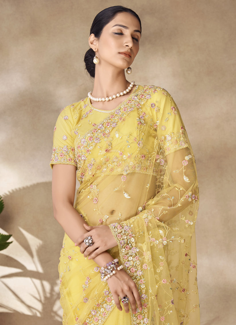 Lemon Yellow Net Embroidered Designer Wedding Saree