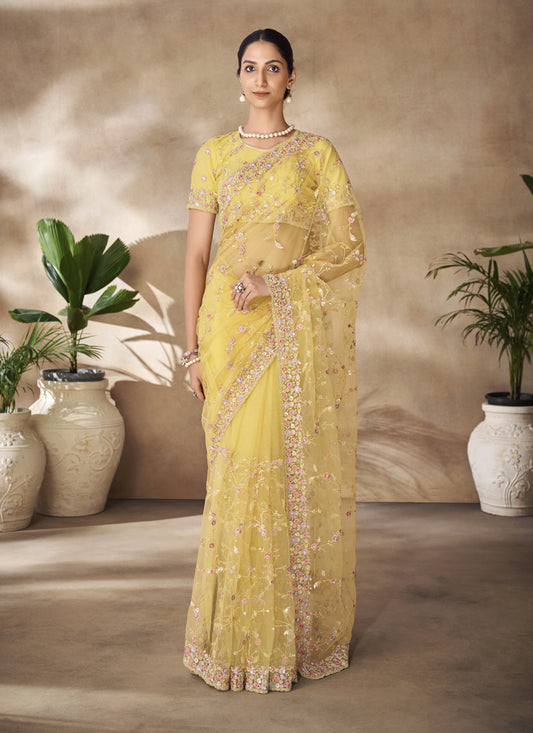 Lemon Yellow Net Embroidered Designer Wedding Saree