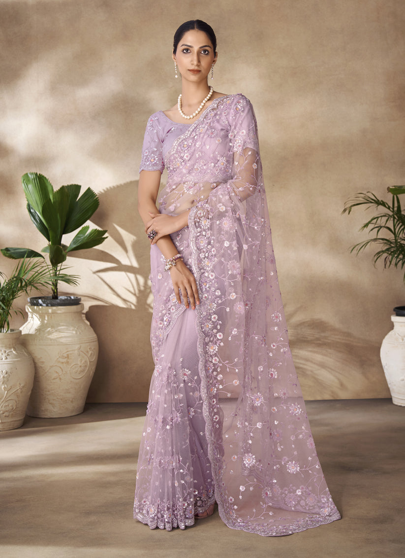 Lilac Net Embroidered Designer Wedding Saree