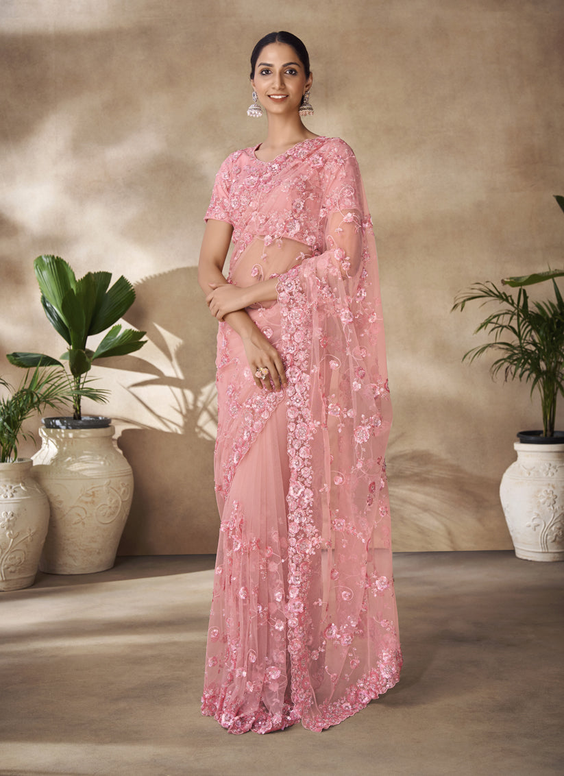 Peach Net Embroidered Designer Wedding Saree