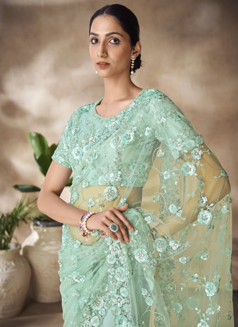 Mint Green Net Embroidered Designer Wedding Saree