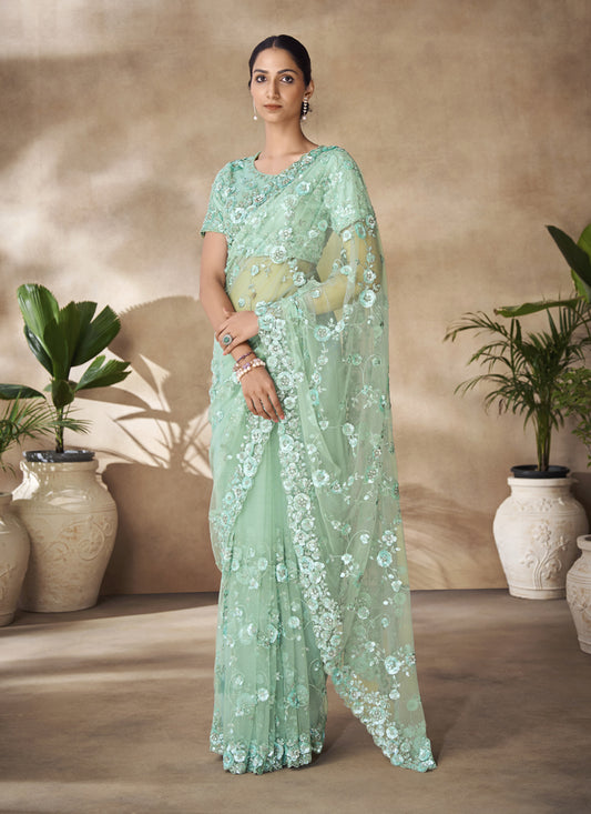 Mint Green Net Embroidered Designer Wedding Saree