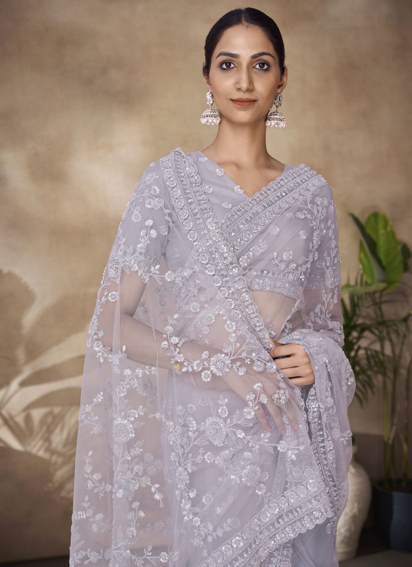 Soft Grey Net Embroidered Designer Wedding Saree