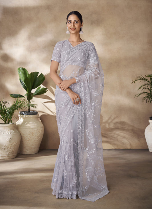 Soft Grey Net Embroidered Designer Wedding Saree