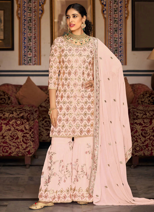 Blush Peach Faux Georgette Embroidered Sarara Kameez