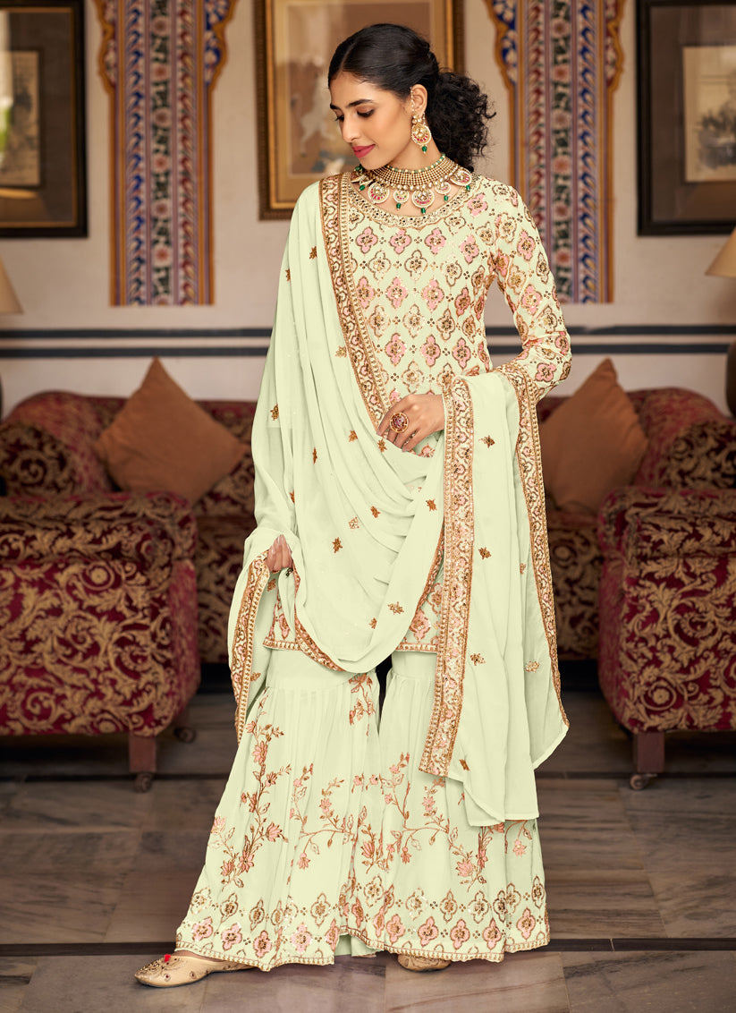 Pastel Green Faux Georgette Embroidered Sarara Kameez