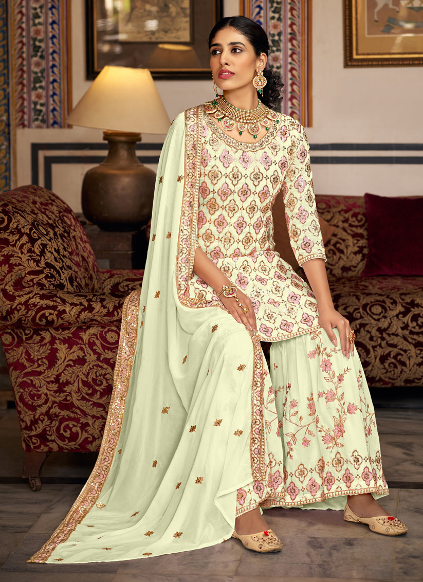 Pastel Green Faux Georgette Embroidered Sarara Kameez