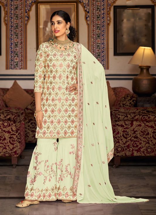 Pastel Green Faux Georgette Embroidered Sarara Kameez