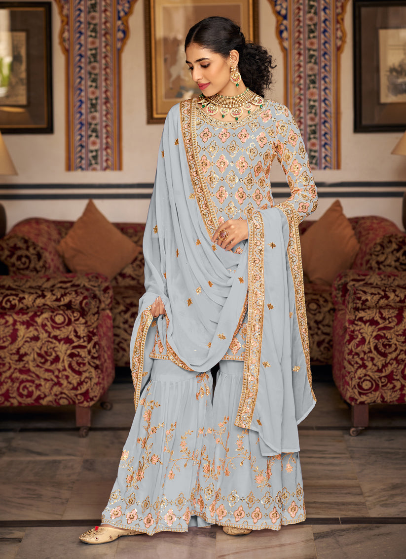 Soft Grey Faux Georgette Embroidered Sarara Kameez