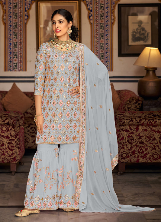 Soft Grey Faux Georgette Embroidered Sarara Kameez