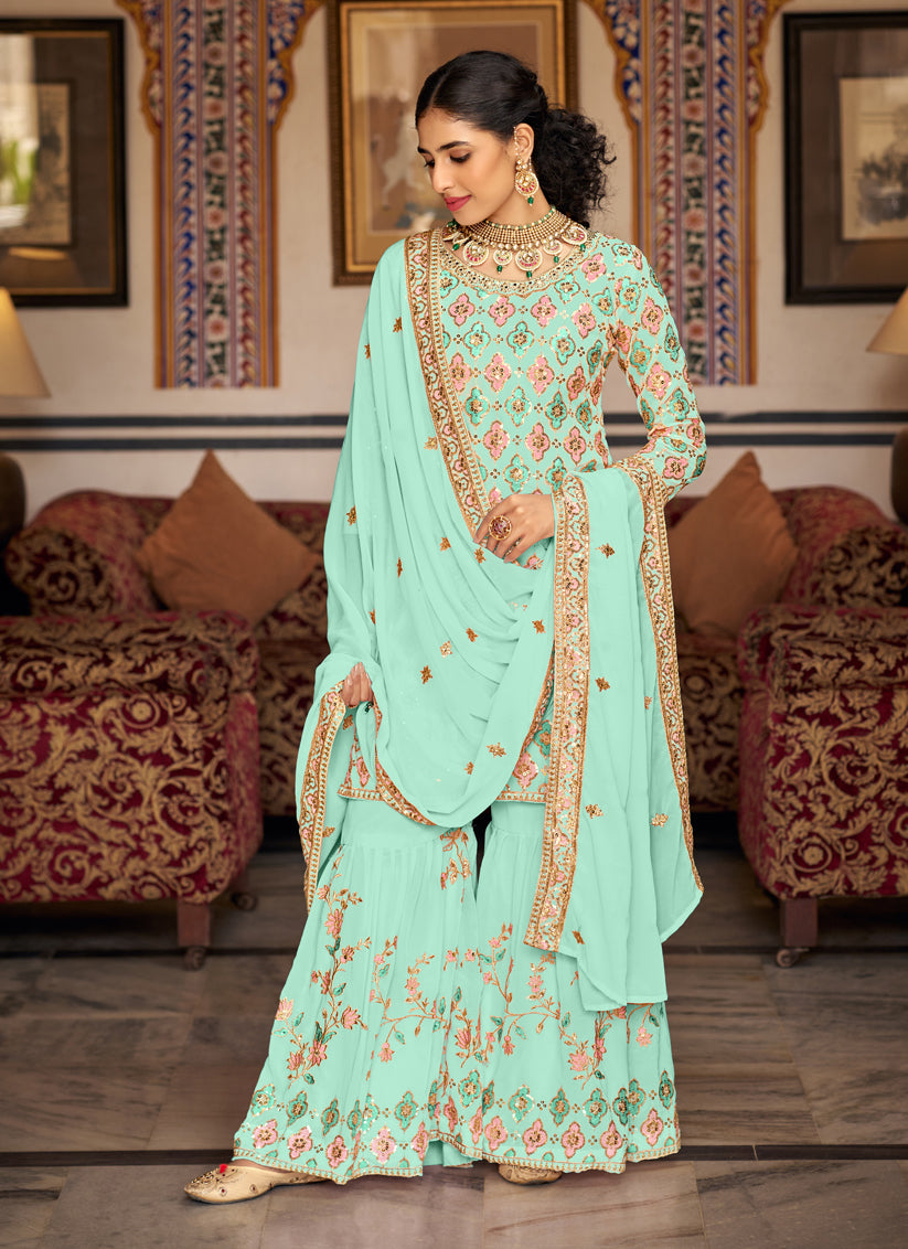 Ice Mint Faux Georgette Embroidered Sarara Kameez