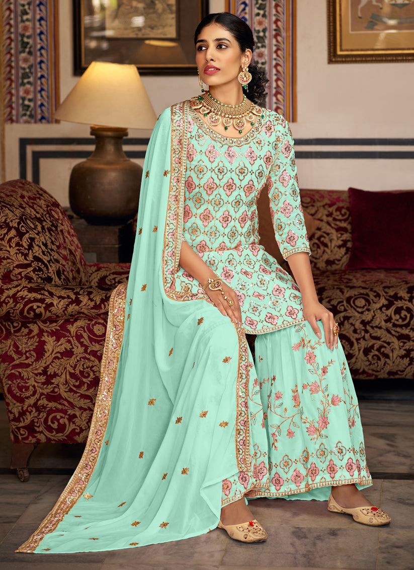 Ice Mint Faux Georgette Embroidered Sarara Kameez