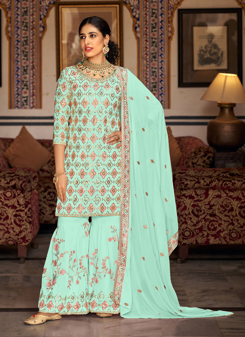 Ice Mint Faux Georgette Embroidered Sarara Kameez