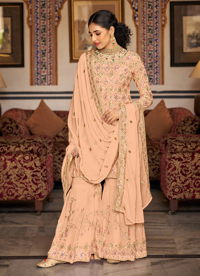 Peach Faux Georgette Embroidered Sarara Kameez