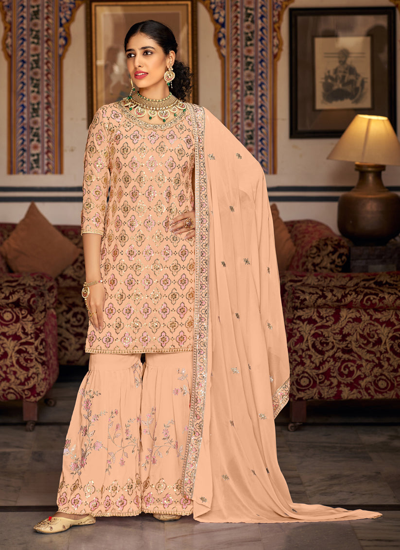 Peach Faux Georgette Embroidered Sarara Kameez