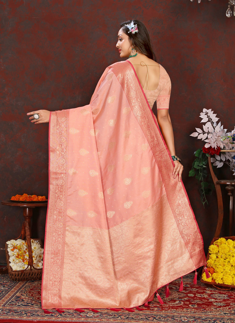 Peach Soft Silk Weaving Saree For Festival