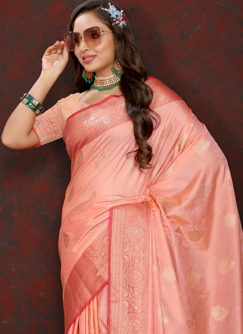 Peach Soft Silk Weaving Saree For Festival