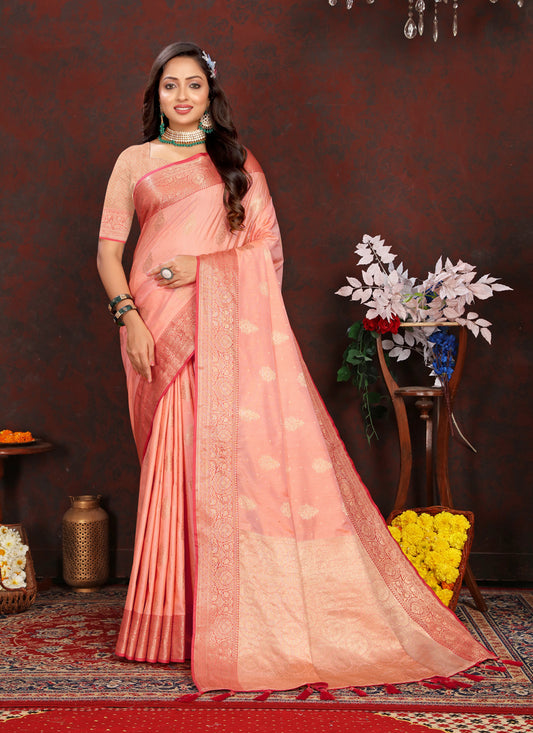 Peach Soft Silk Weaving Saree For Festival