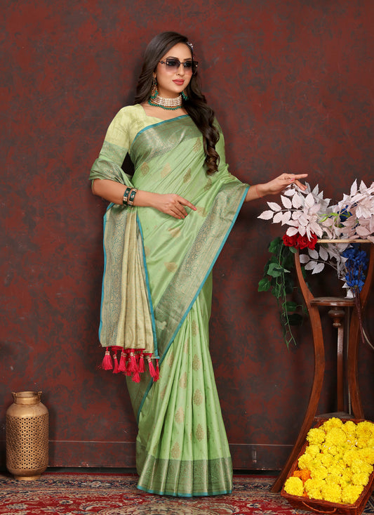 Pista Green Soft Silk Weaving Saree For Festival