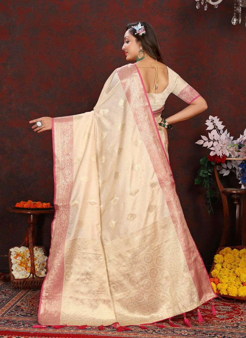 Cream Soft Silk Weaving Saree For Festival