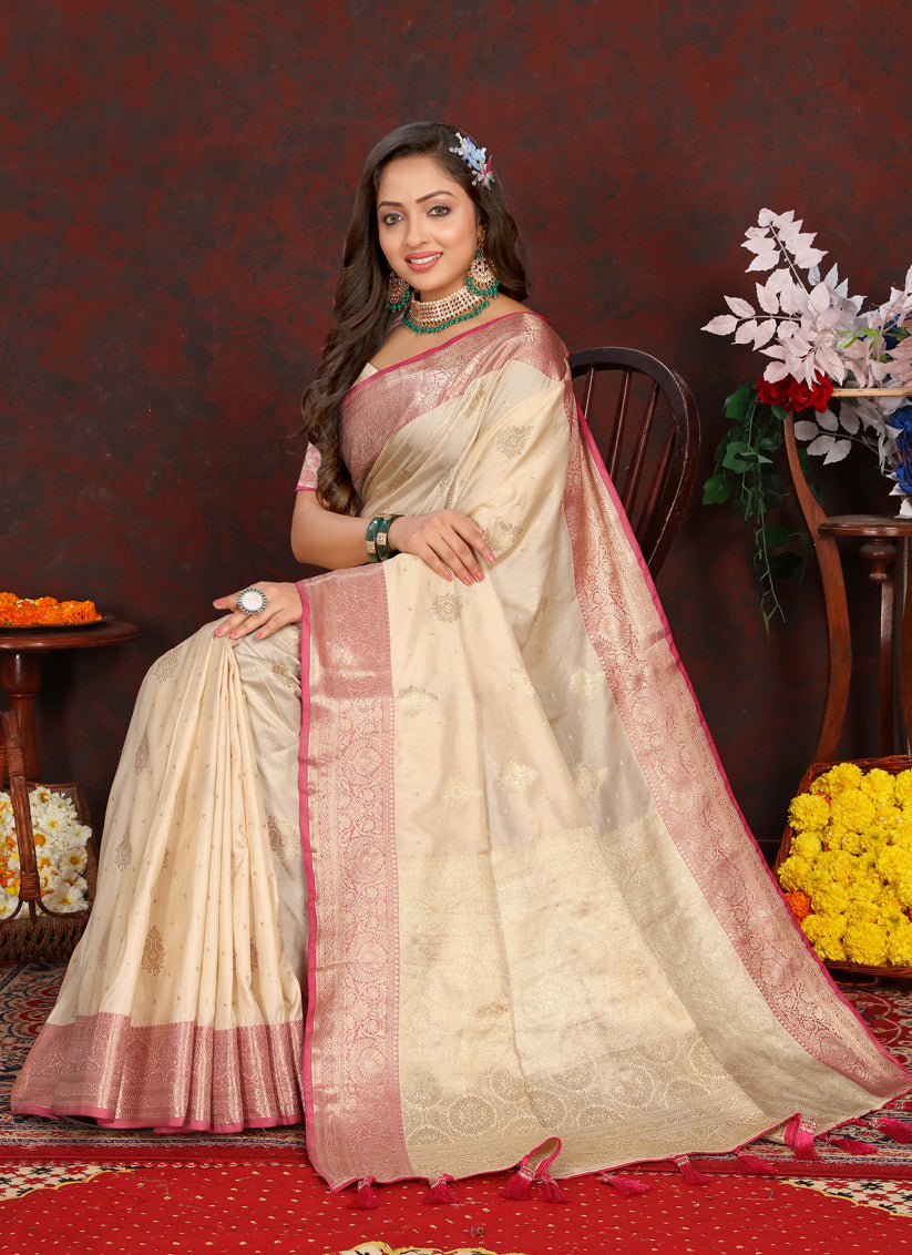 Cream Soft Silk Weaving Saree For Festival