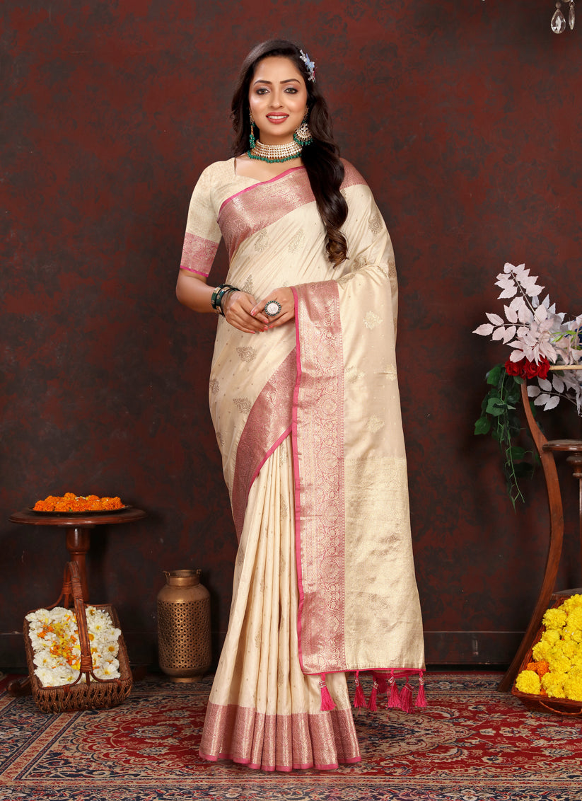 Cream Soft Silk Weaving Saree For Festival