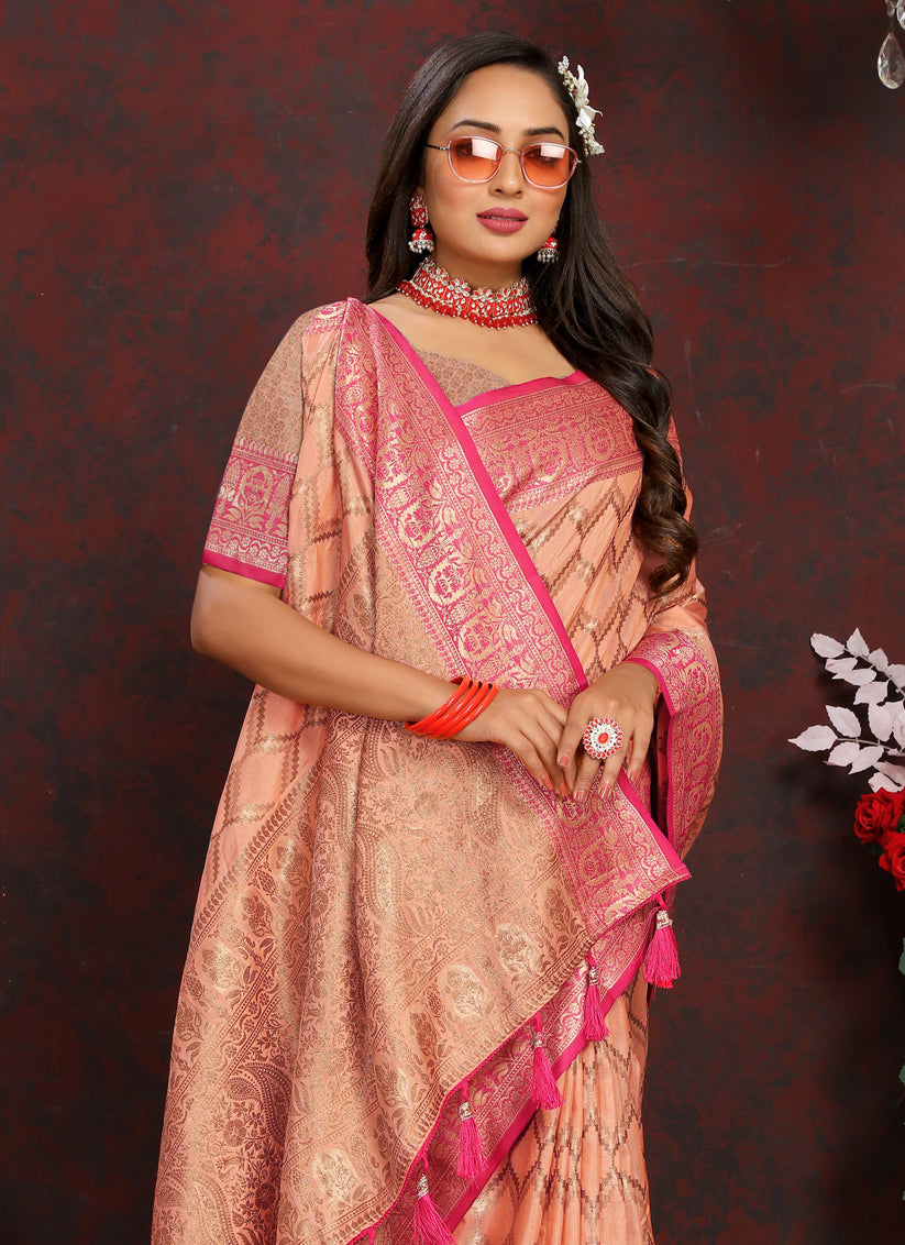 Peach Soft Silk Weaving Saree With Blouse