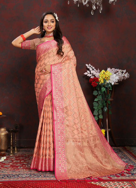 Peach Soft Silk Weaving Saree With Blouse