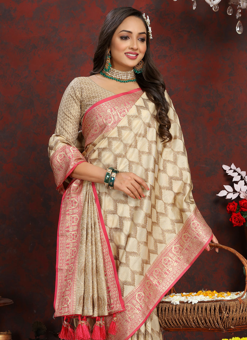 Cream Soft Silk Weaving Saree With Blouse