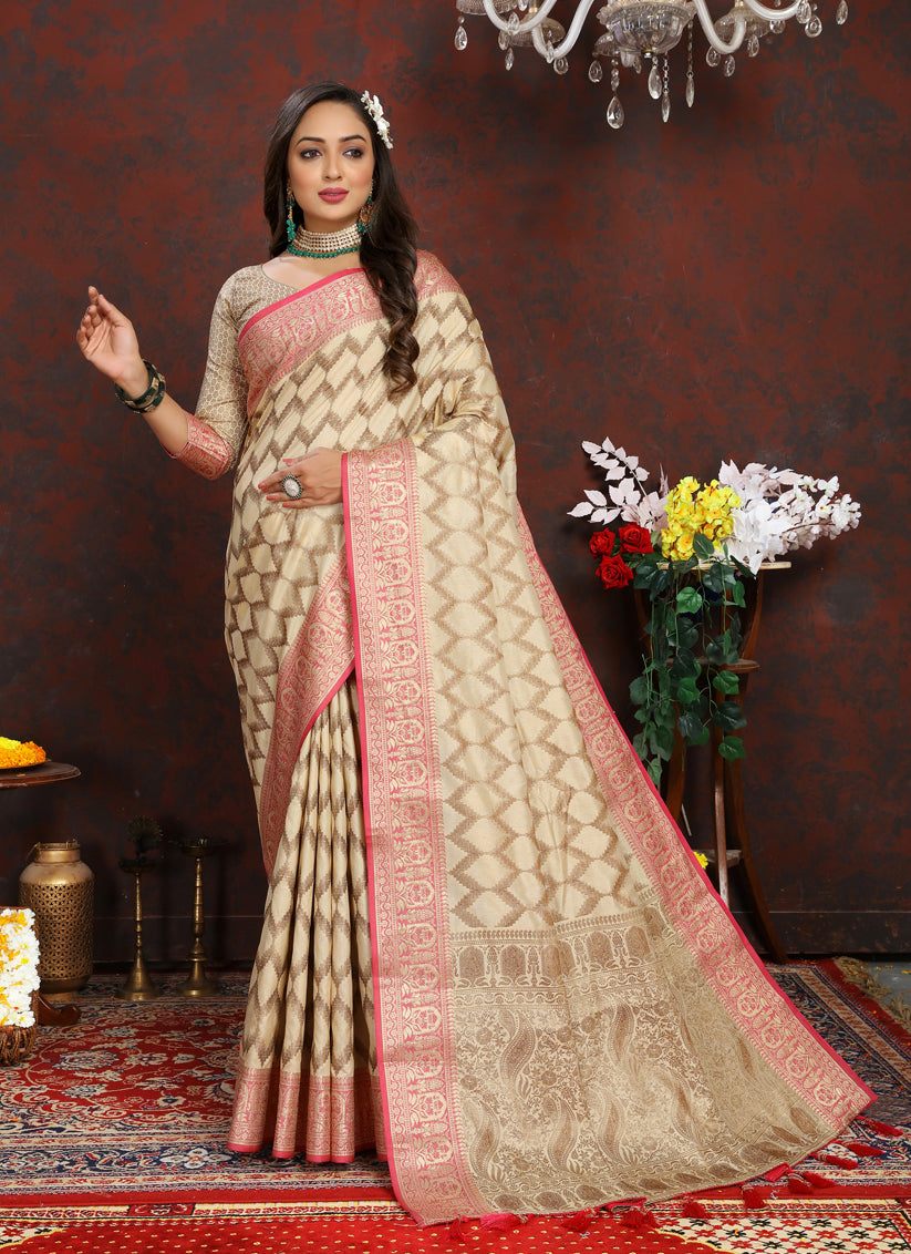 Cream Soft Silk Weaving Saree With Blouse