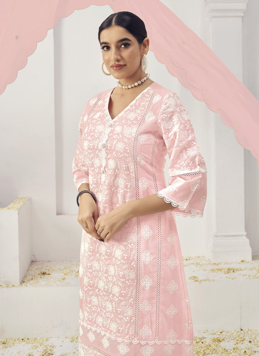 Soft Pink Cotton Embroidered Pant Kameez Suit For Festival