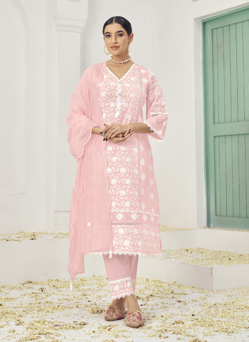 Soft Pink Cotton Embroidered Pant Kameez Suit For Festival