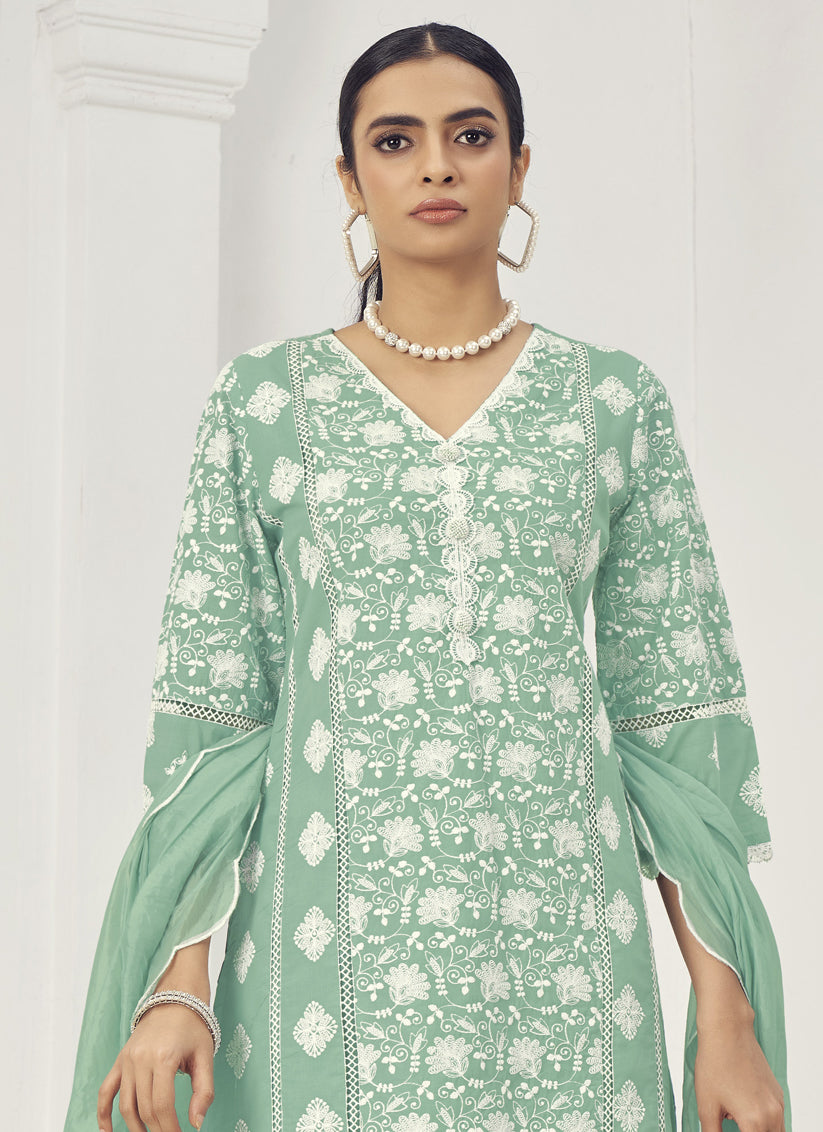 Rama Green Cotton Embroidered Pant Kameez Suit For Festival