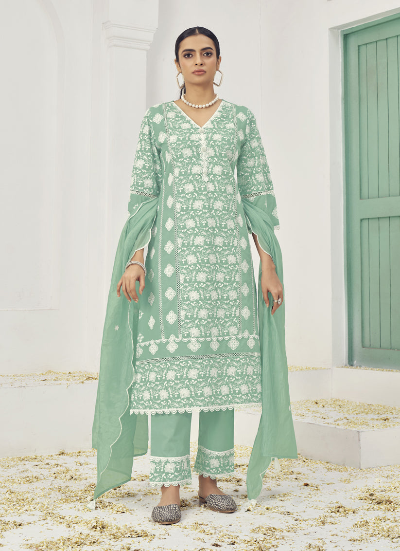 Rama Green Cotton Embroidered Pant Kameez Suit For Festival