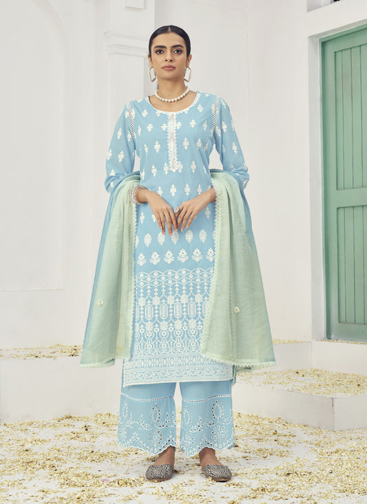 Sky Blue Cotton Embroidered Palazzo Kameez Suit For Festival