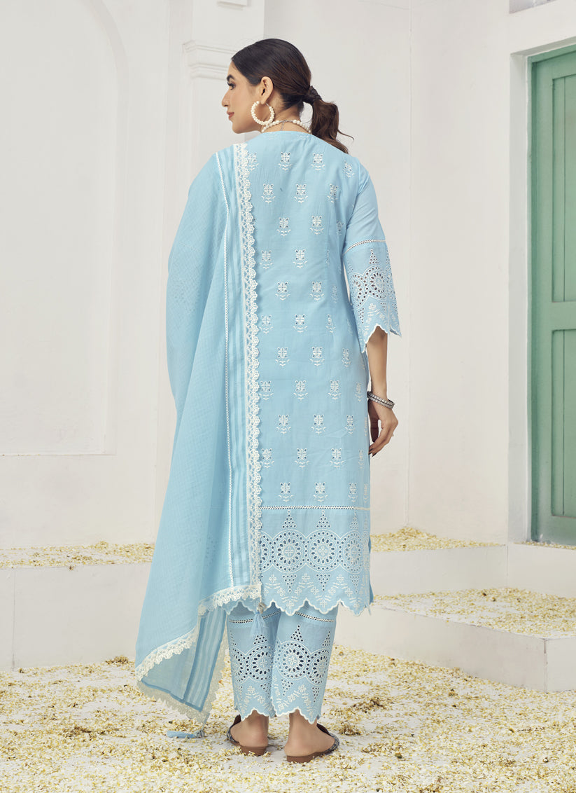 Sky Blue Cotton Embroidered Pant Kameez Suit For Festival