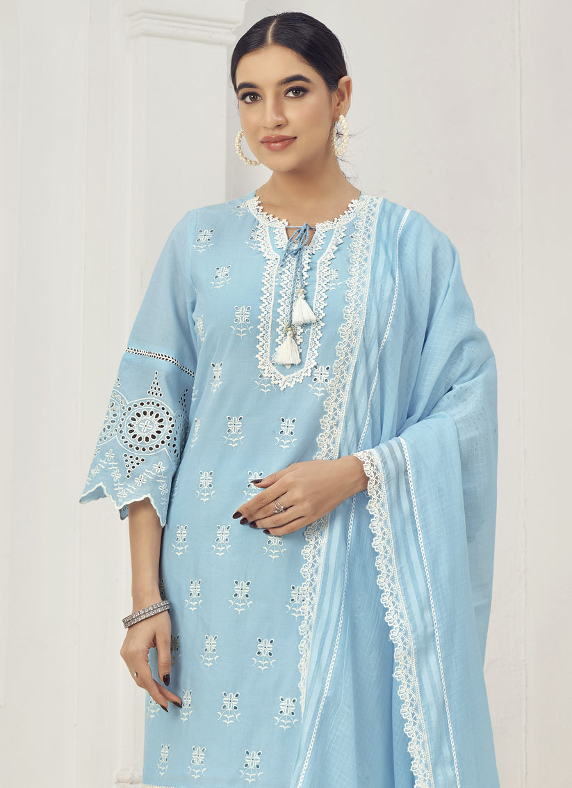 Sky Blue Cotton Embroidered Pant Kameez Suit For Festival