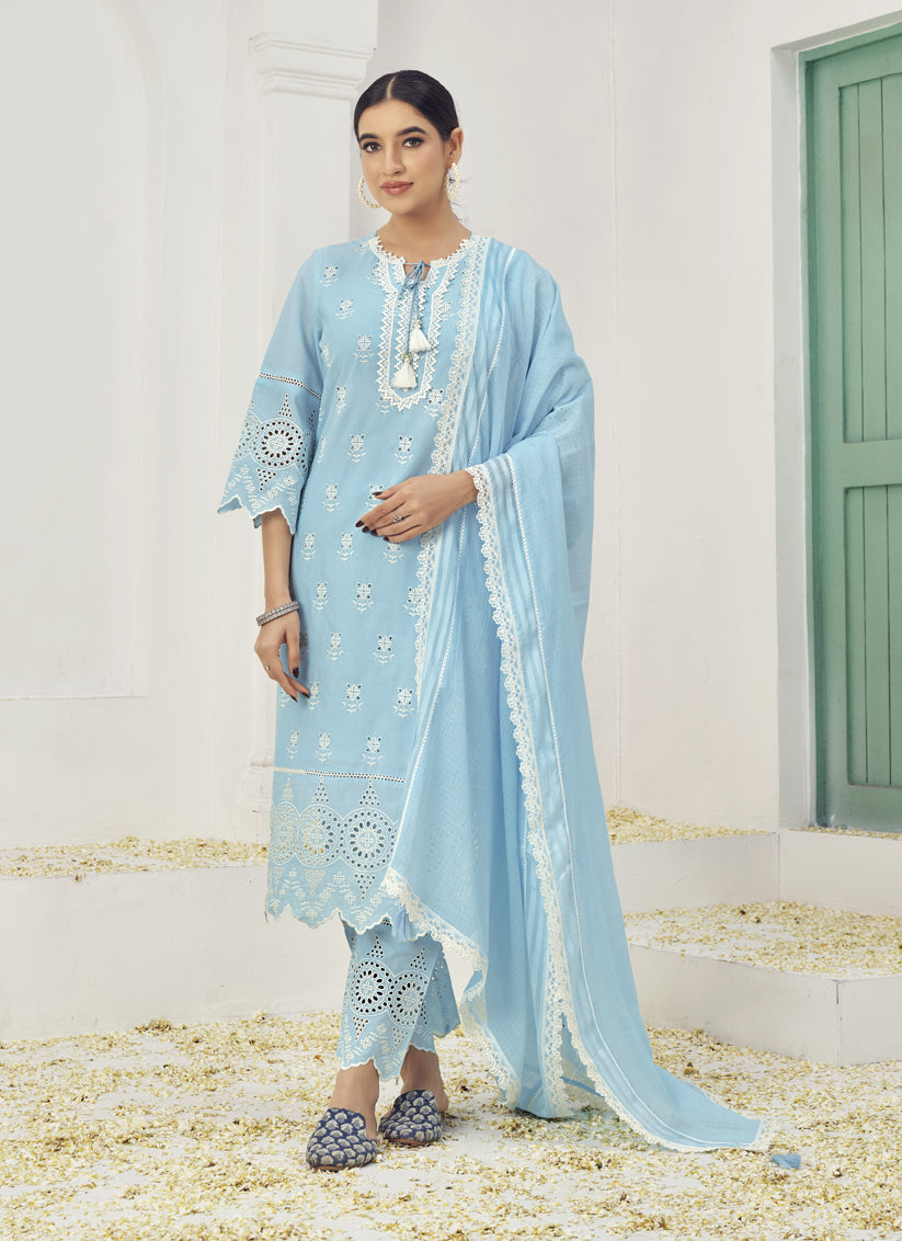 Sky Blue Cotton Embroidered Pant Kameez Suit For Festival