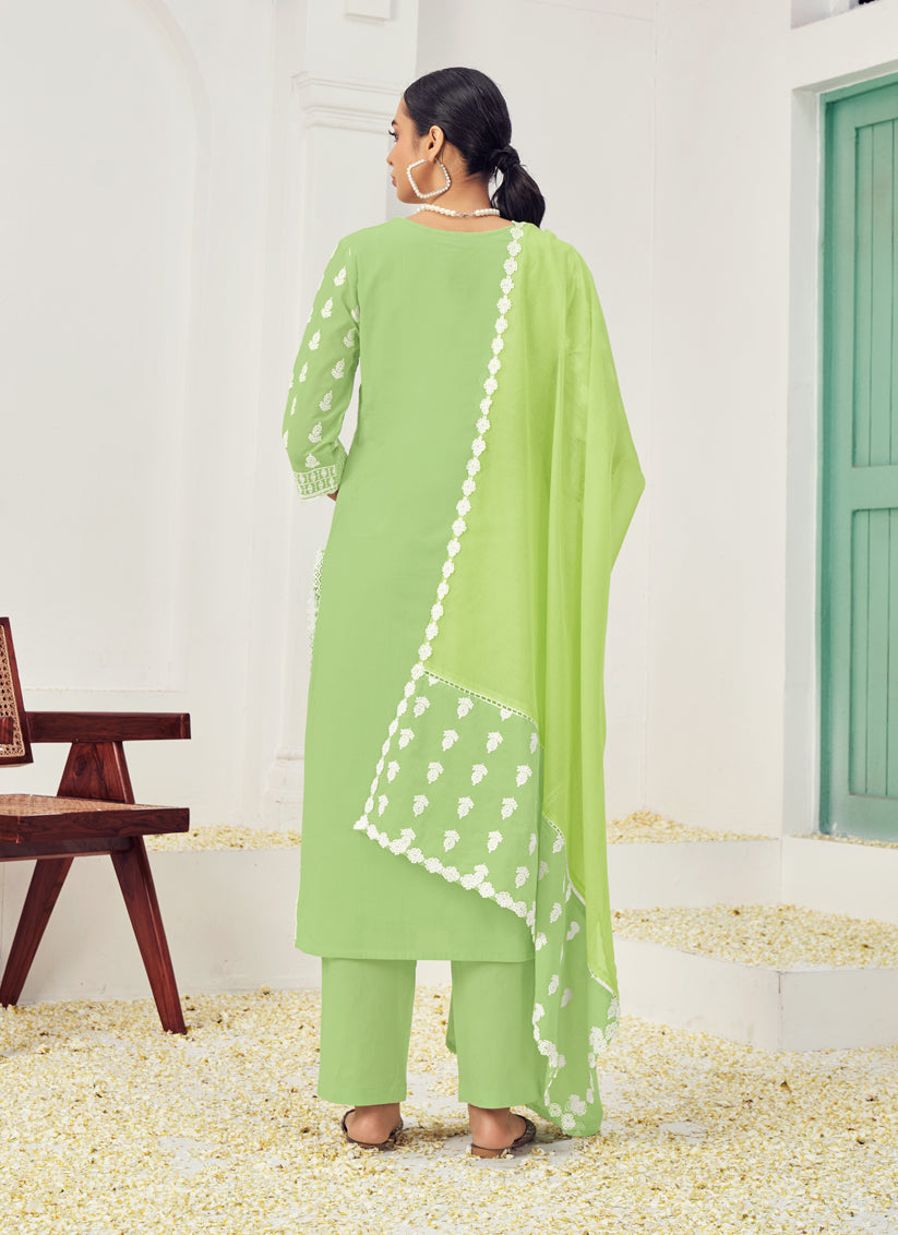 Parrot Green Cotton Embroidered Pant Kameez Suit For Festival