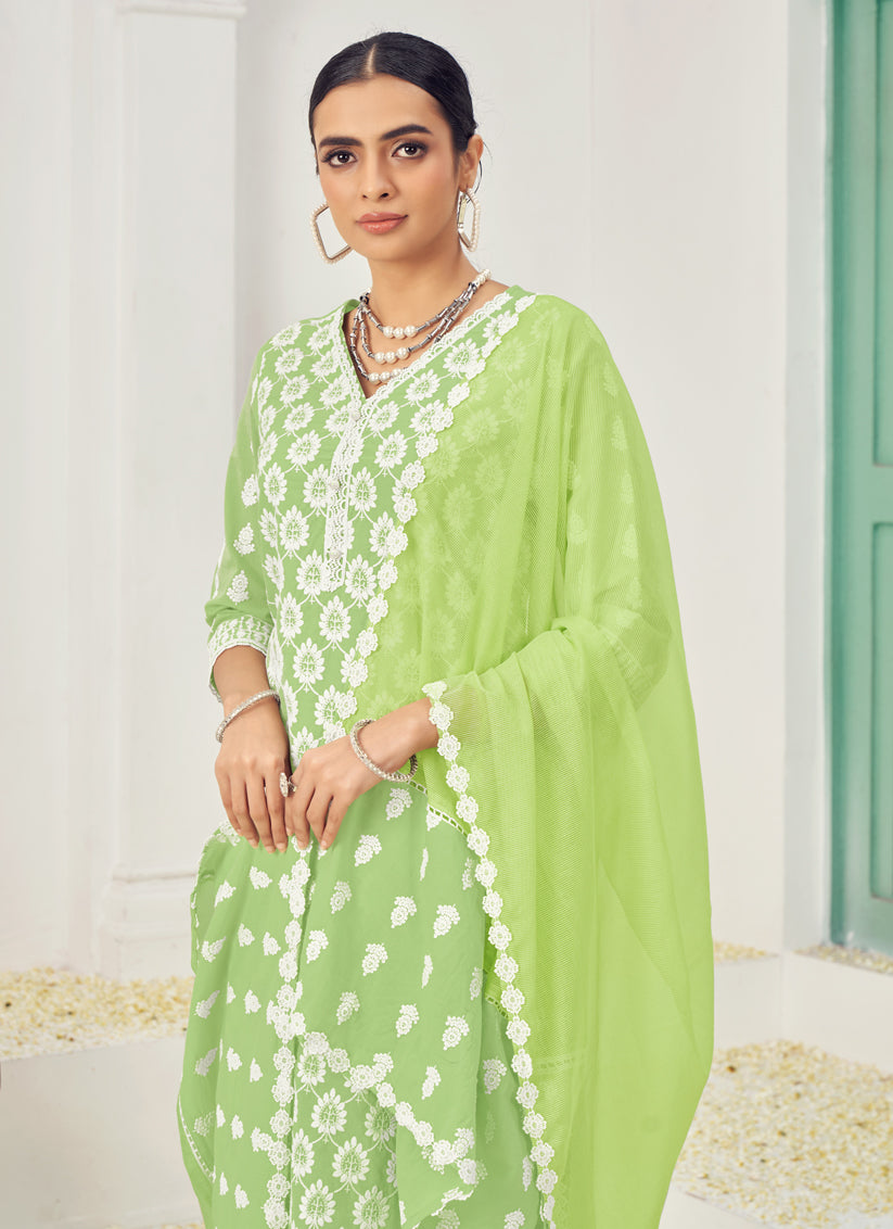 Parrot Green Cotton Embroidered Pant Kameez Suit For Festival