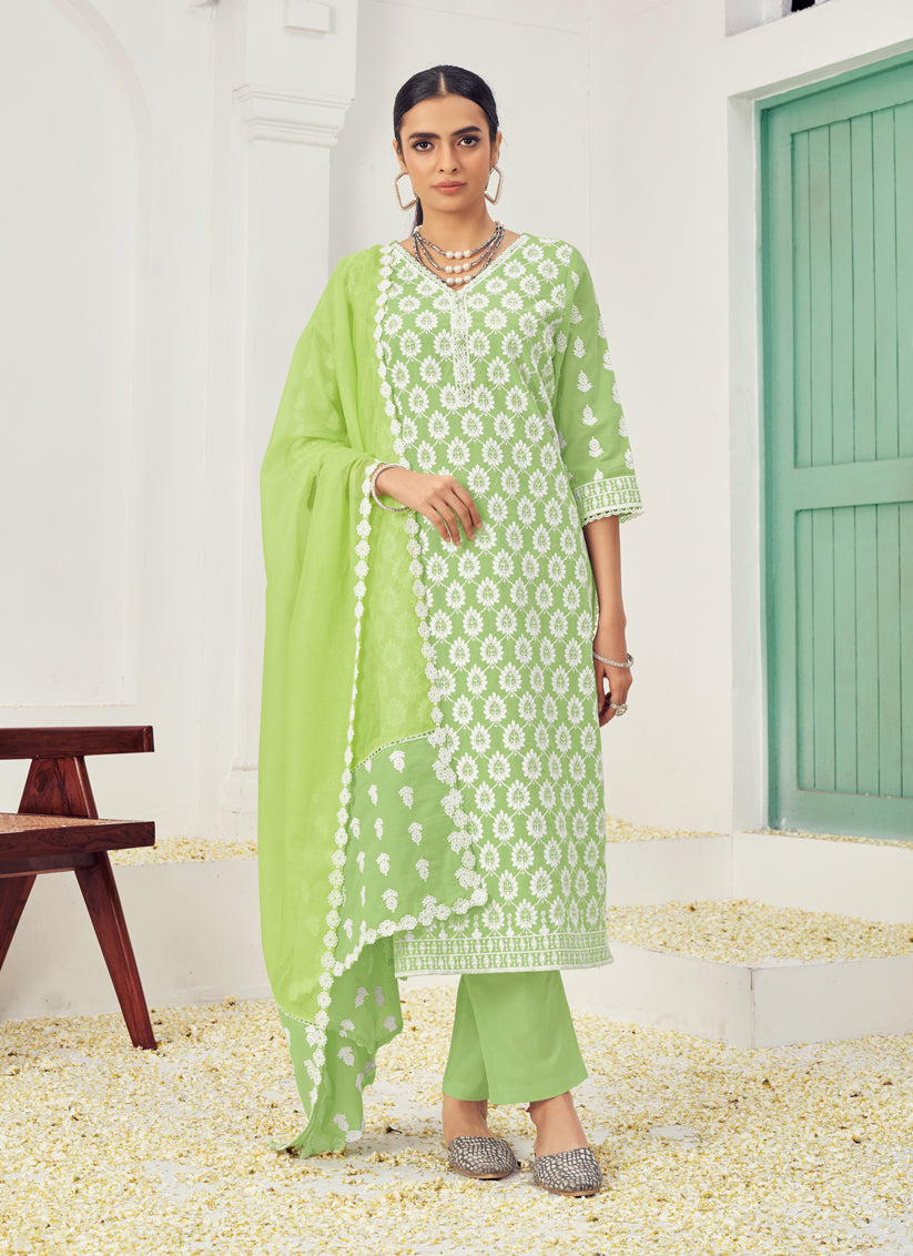 Parrot Green Cotton Embroidered Pant Kameez Suit For Festival