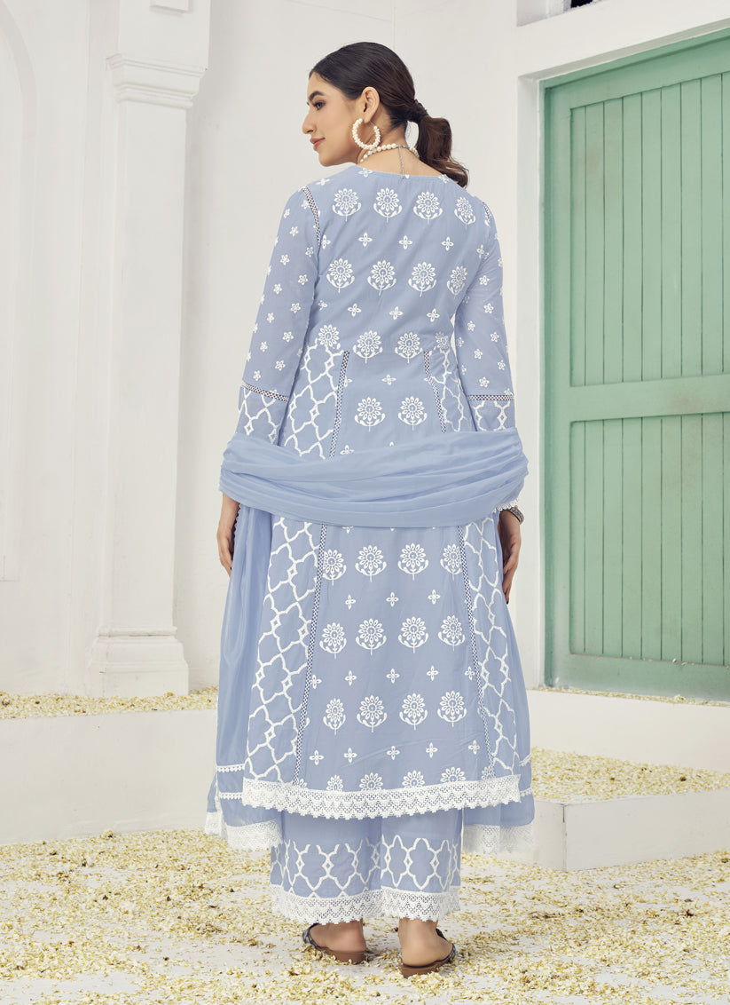 Grey Cotton Embroidered Palazzo Kameez Suit For Festival