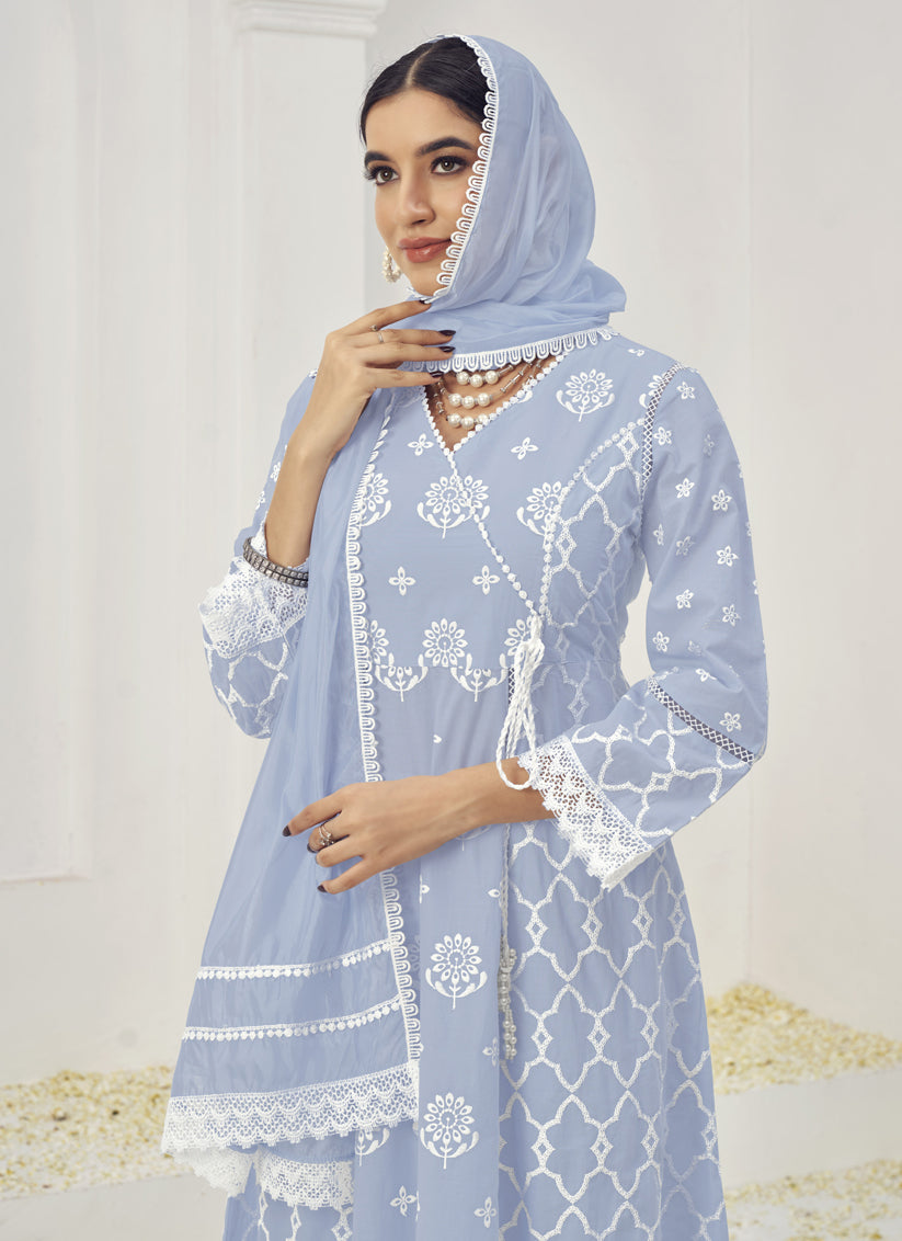 Grey Cotton Embroidered Palazzo Kameez Suit For Festival